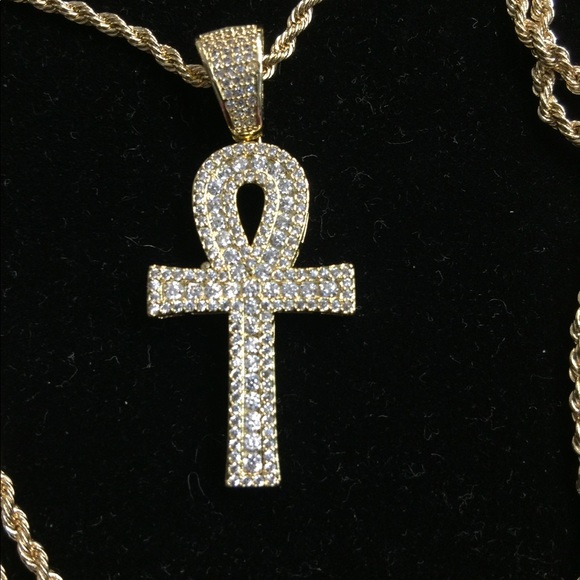 Gold Plated 24 in chain 3D Micropave Ankh Cross - Picture 2 of 2